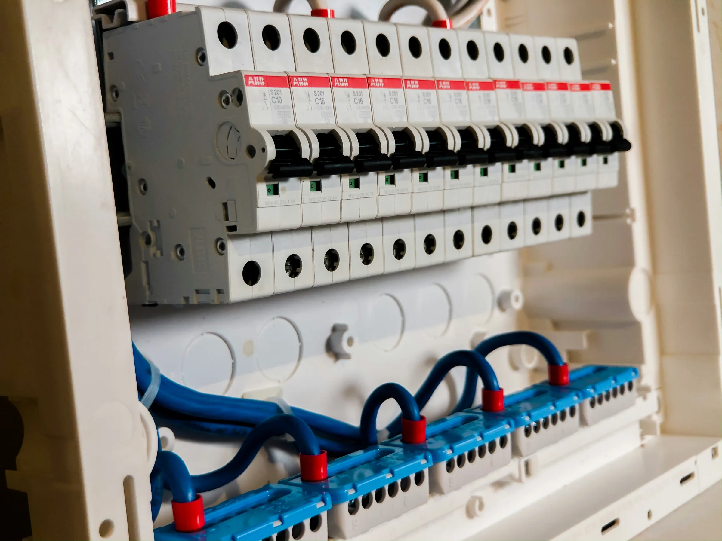 Residential electrical distribution panel with labelled breakers